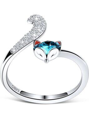 Unique Sterling Silver Fox Head Ring - Adjustable Animal Tail Band Jewelry Gift